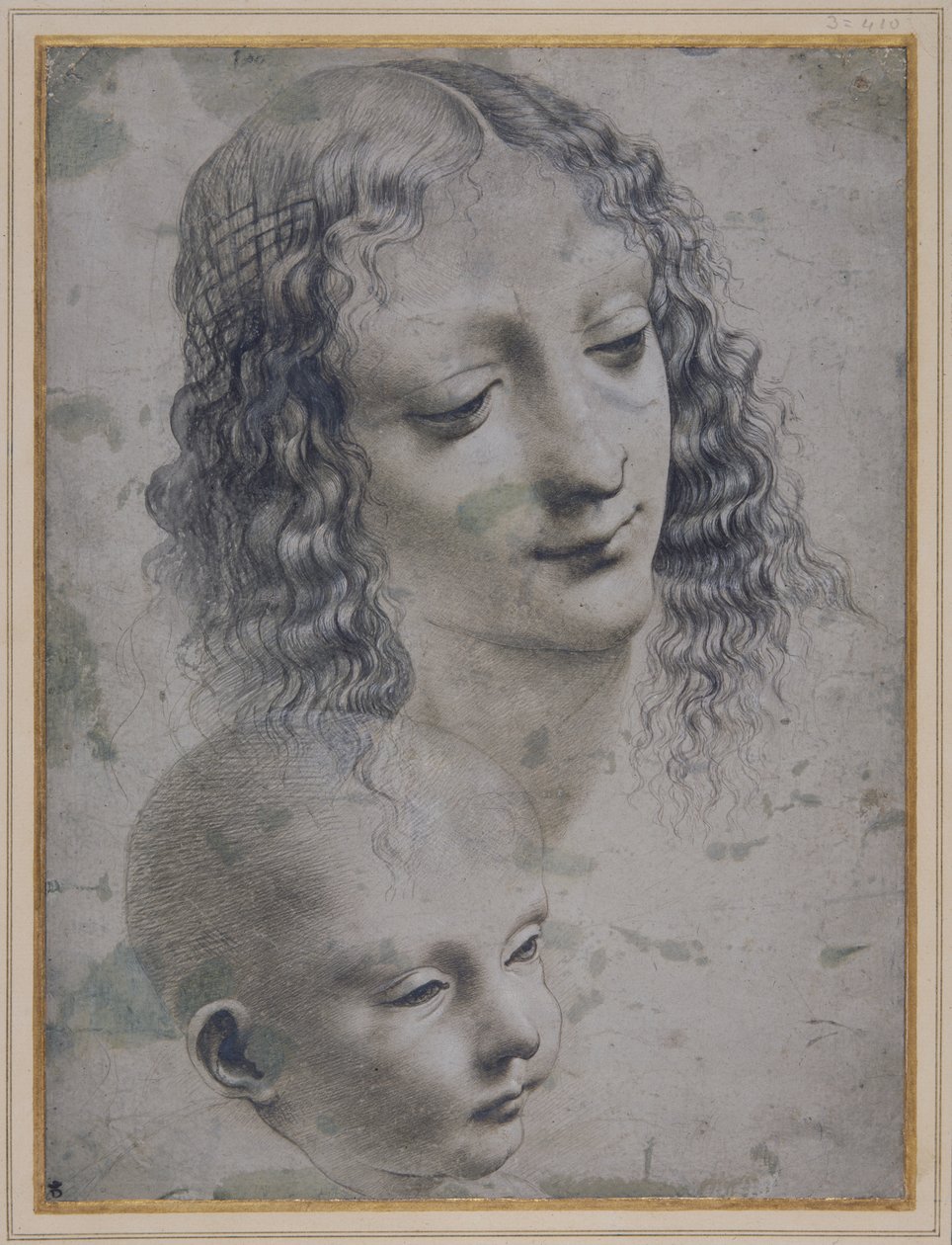 A cabeça de uma mulher e a cabeça de um bebé (ponto metálico em papel preparado cinzento) de Leonardo da (follower of) Vinci