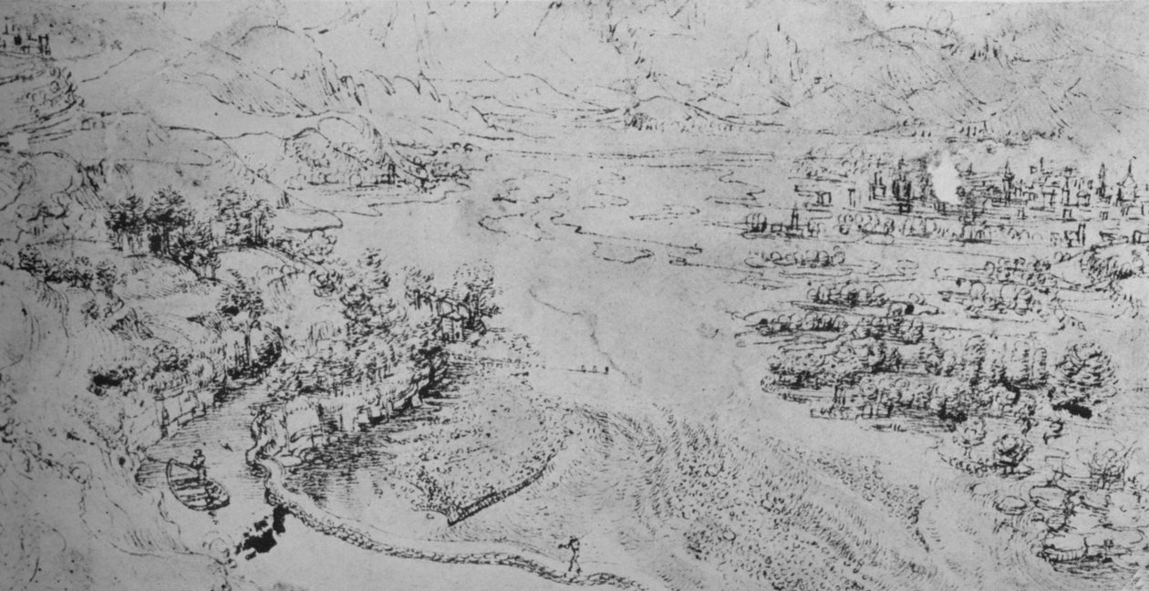 Um rio largo com um canal que corre ao lado dele, c1480 1945 de Leonardo da Vinci