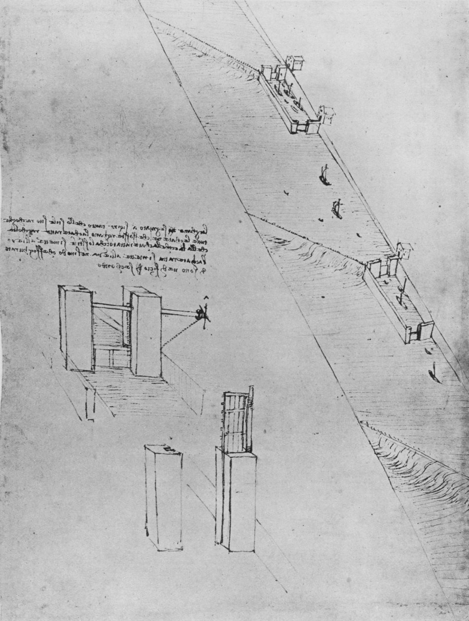 Um canal com fechaduras e açudes, c1480 1945 de Leonardo da Vinci