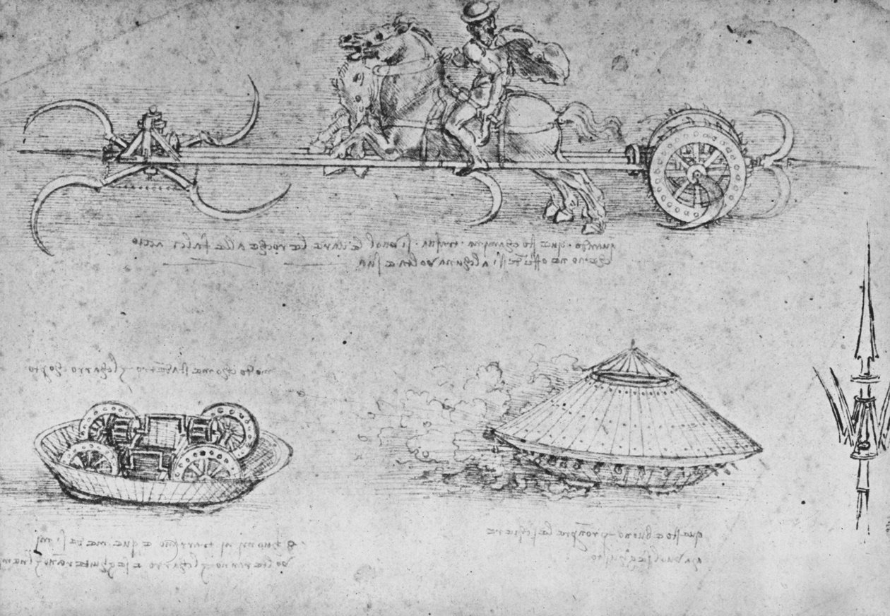 Uma carruagem armada com foices, dois desenhos de uma espécie de tanque e partidário, c1480 1945 de Leonardo da Vinci