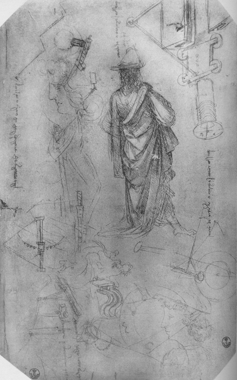 Uma figura drapeada, estudos de máquinas etc., c1480 1945 de Leonardo da Vinci