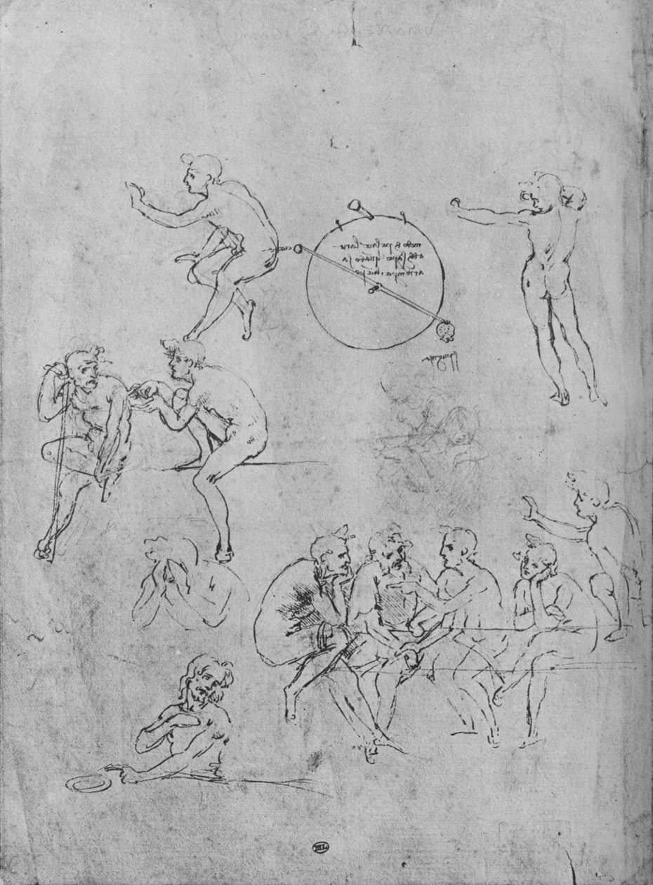 Um grupo de figuras conversando em uma mesa, duas figuras em conversação e outras, 1481-1483 1945 de Leonardo da Vinci