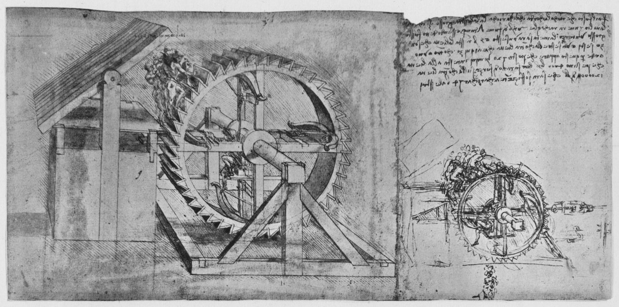 Uma roda grande que é resolvida e dispara quatro bestas em sucessão, c1480, 1945 de Leonardo da Vinci