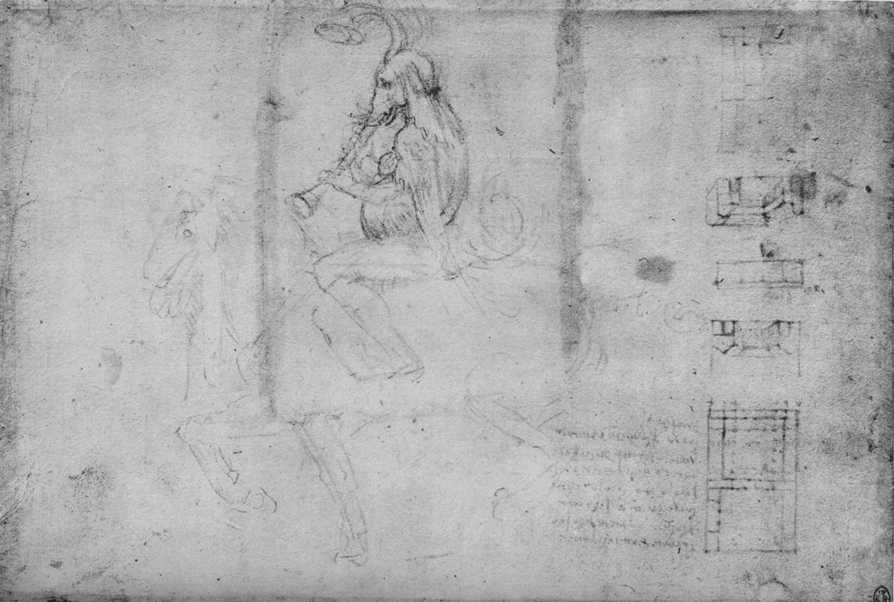 Um homem com a cabeça de um elefante andando a cavalo e esboços arquitetônicos, c1480 1945 de Leonardo da Vinci