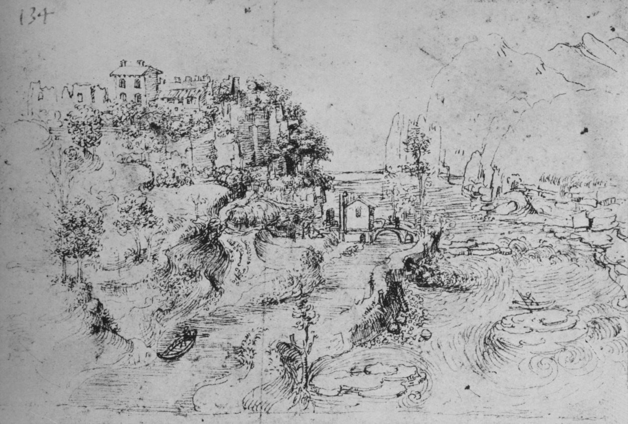 Um rio com um canal ao lado e um castelo em uma colina, c1480 1945 de Leonardo da Vinci