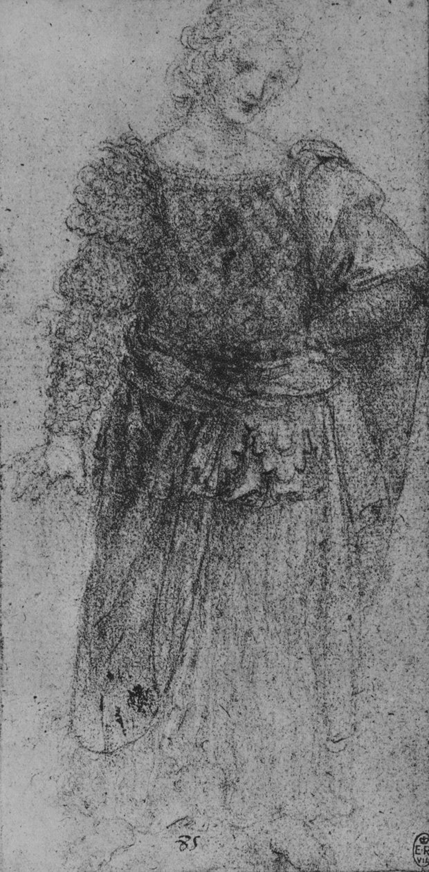 Uma mulher com um corpete entrançado e uma capa sobre o braço esquerdo, c1480 1945 de Leonardo da Vinci