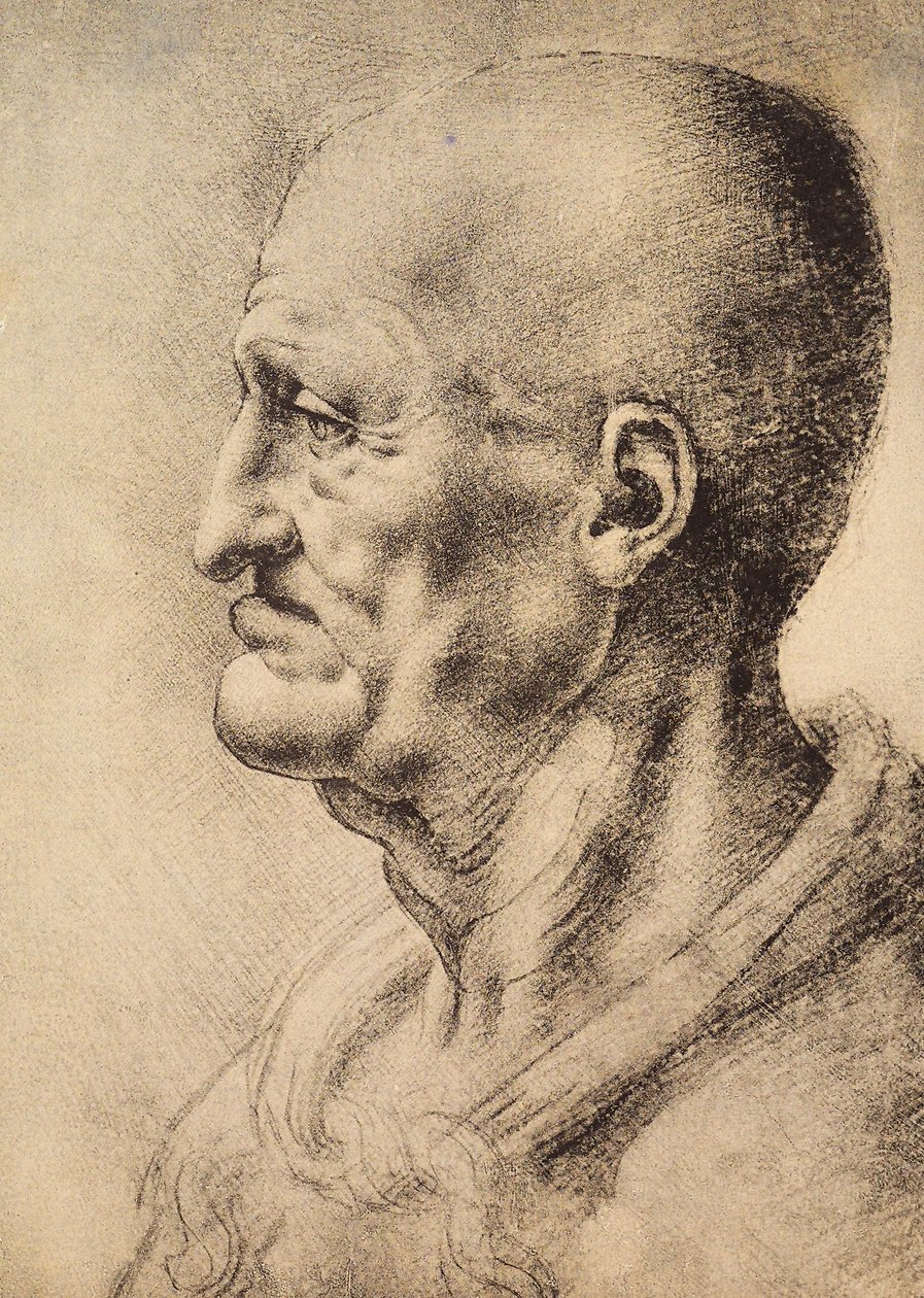 Um homem mostrado de perfil, desenhado por Leonardo da Vinci, preservado na Sala de Desenhos e Gravuras, Galeria Uffizi, Florença. de Leonardo da Vinci