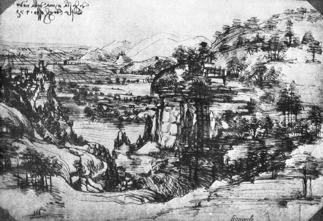 Um esboço de uma vista do campo, século XV, 1930. de Leonardo da Vinci
