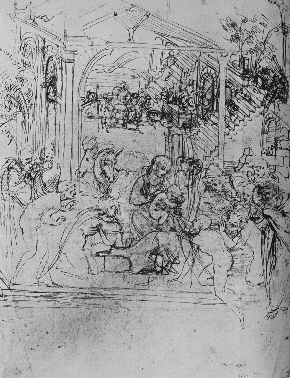 Adoração dos Reis: Esboço da Composição, 1478-1481 1945 de Leonardo da Vinci
