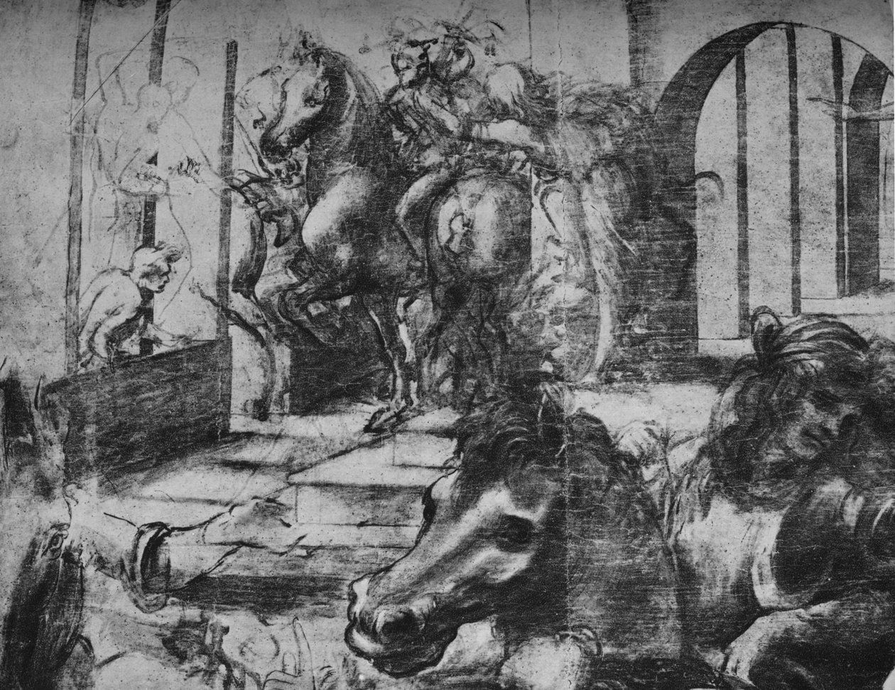 Adoração dos Reis Magos - arquitetura e figuras em segundo plano à esquerda, c1481 1945 de Leonardo da Vinci