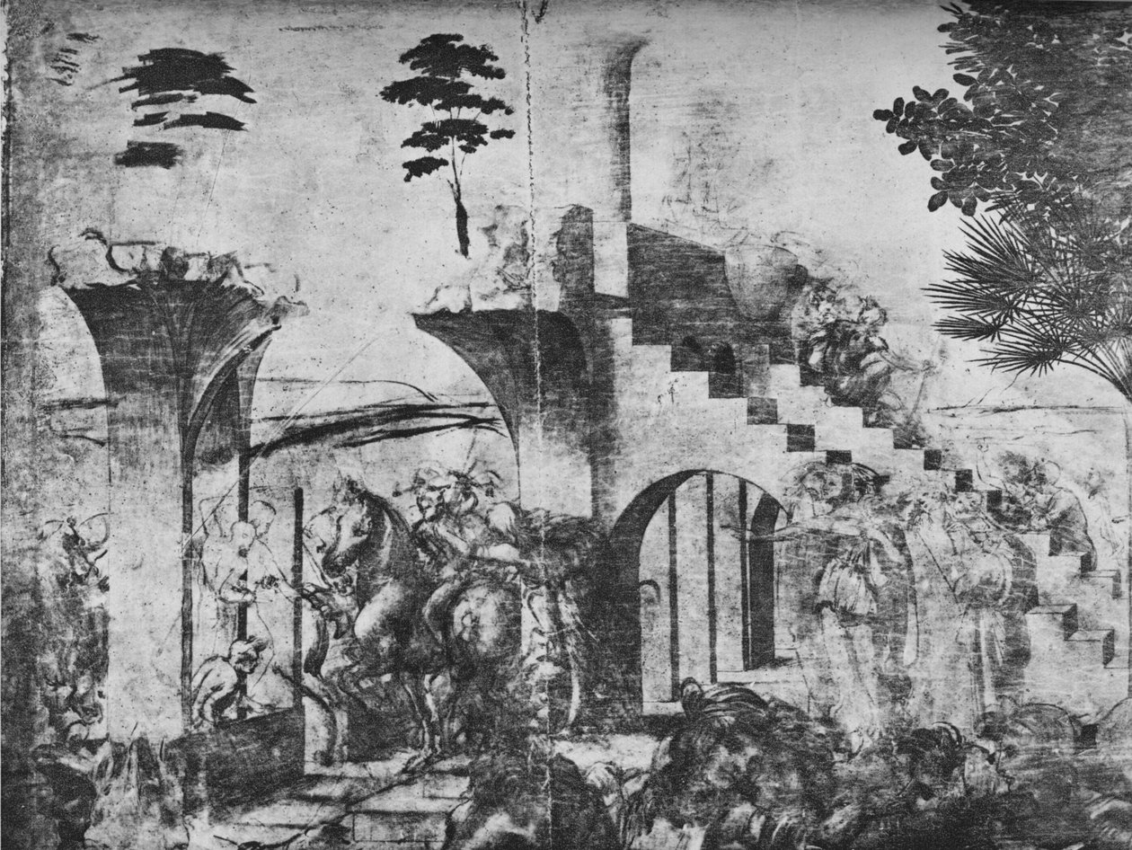 Adoração dos Magos - Cavaleiros a uma distância média à esquerda, c1481 1945 de Leonardo da Vinci