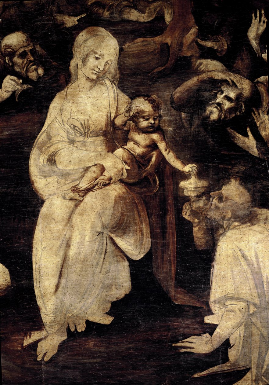 Adoração dos magos. Pormenor da Virgem Maria. (óleo sobre madeira. de Leonardo da Vinci