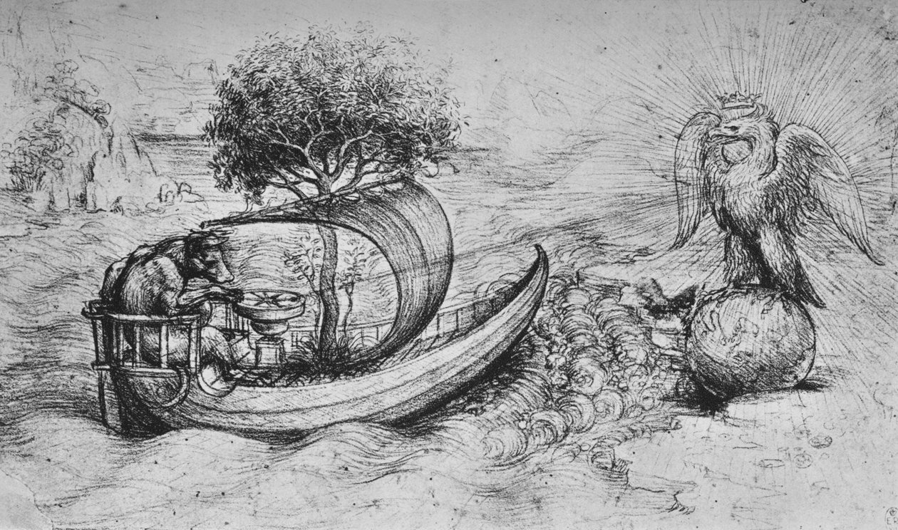 Alegoria: uma águia coroada de pé em um globo e um lobo dirigindo um barco, c1480 1945 de Leonardo da Vinci