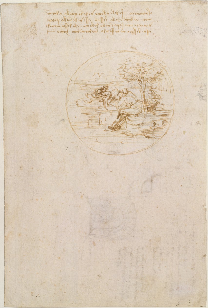 Alegoria sobre a fidelidade do lagarto (anverso); Esboço para um cenário de teatro (verso) de Leonardo da Vinci