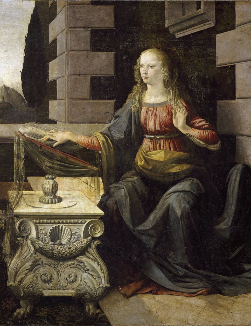 Anunciação. Detalhe da Virgem Maria e sua mesa, decorada com uma concha de São Tiago (óleo e tempera sobre madeira, cerca de 1475) de Leonardo da Vinci