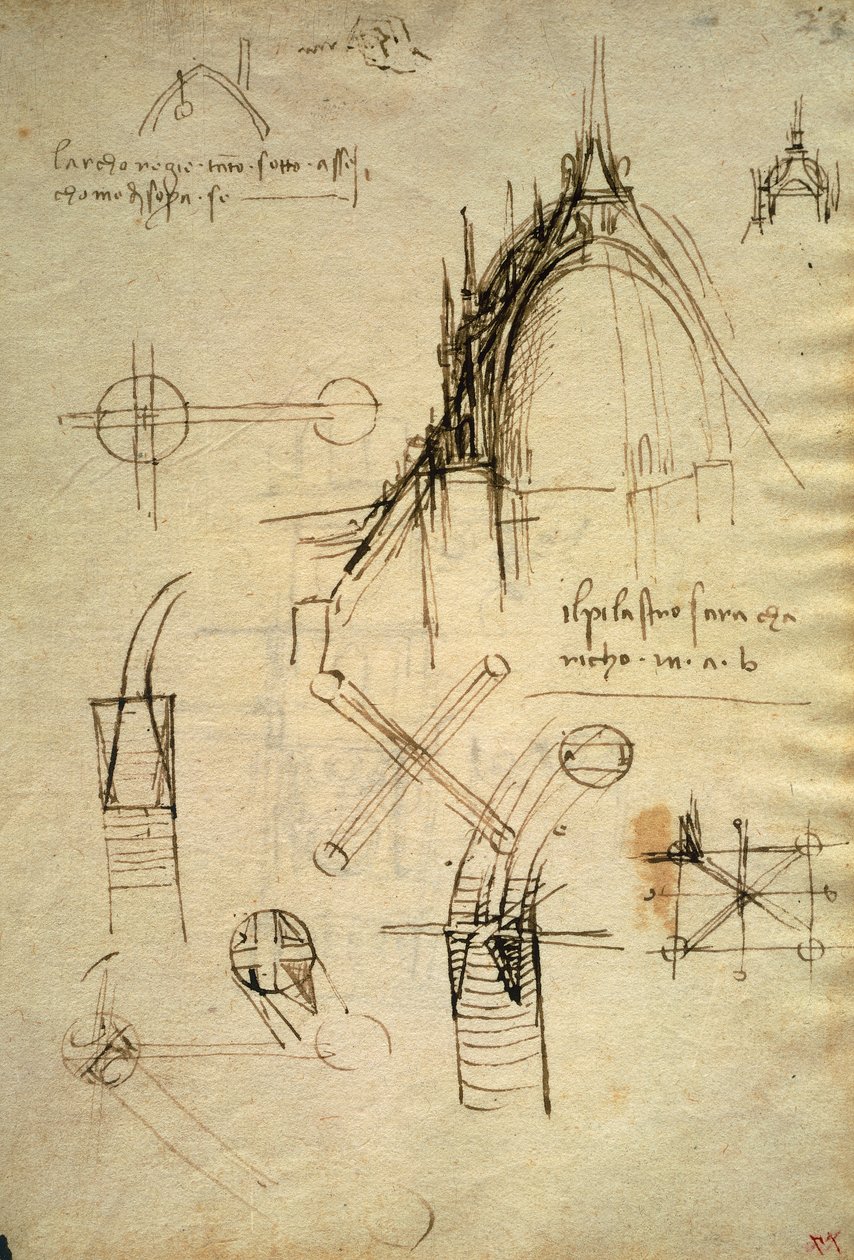 Detalhes arquitectónicos e secção da cúpula do Duomo em Milão, f41 do Código Trivulzianus de Leonardo da Vinci