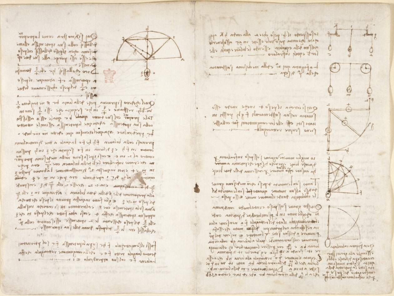 Arundel 263, f.10v, f.5 Notas e diagrama sobre mecânica de Leonardo da Vinci