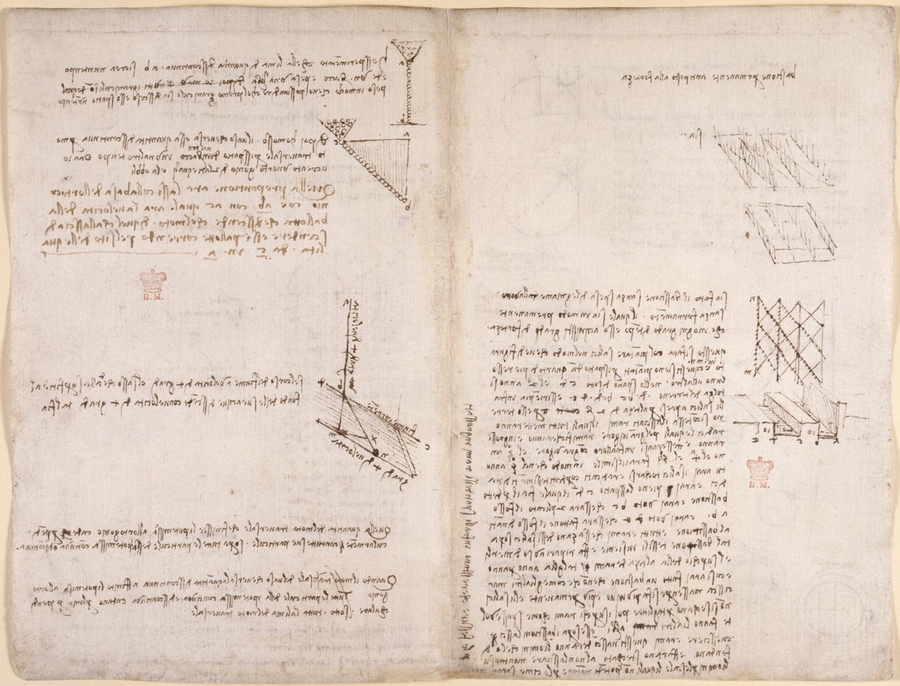 Arundel 263, f.120v, f.121 Notas e diagramas sobre mecânica, relativos à velocidade dos líquidos, c.1503-6 (caneta e tinta sobre papel) de Leonardo da Vinci