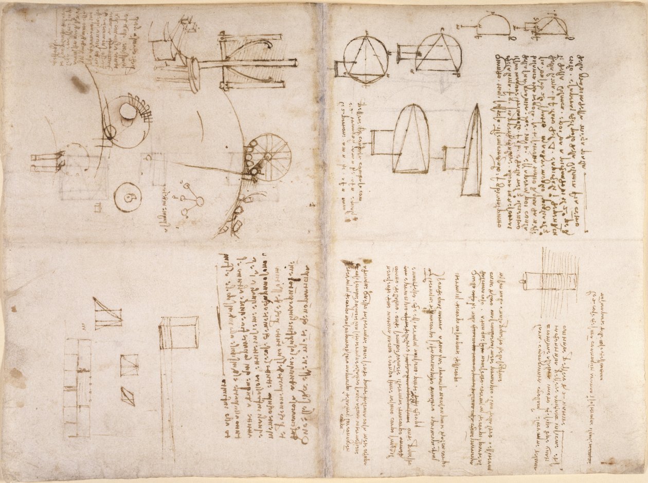 Arundel 263, f.133v, f.130r, Notas, esboços esquemáticos e diagramas do 