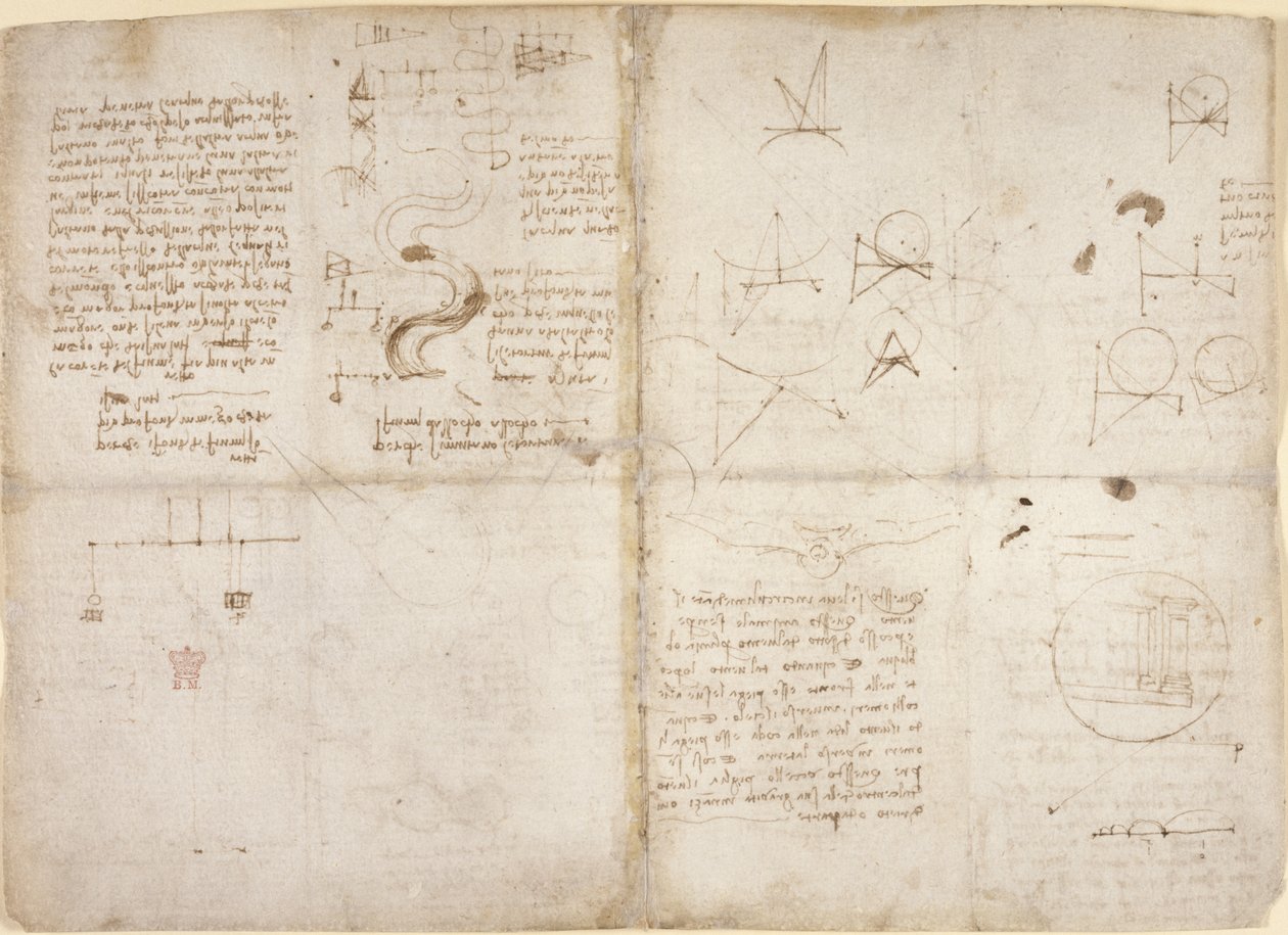 Arundel 263, f.135v, f.134, Notas e diagramas sobre mecânica; notas e esboços esquemáticos sobre cursos de rio e fluxos de água, de 