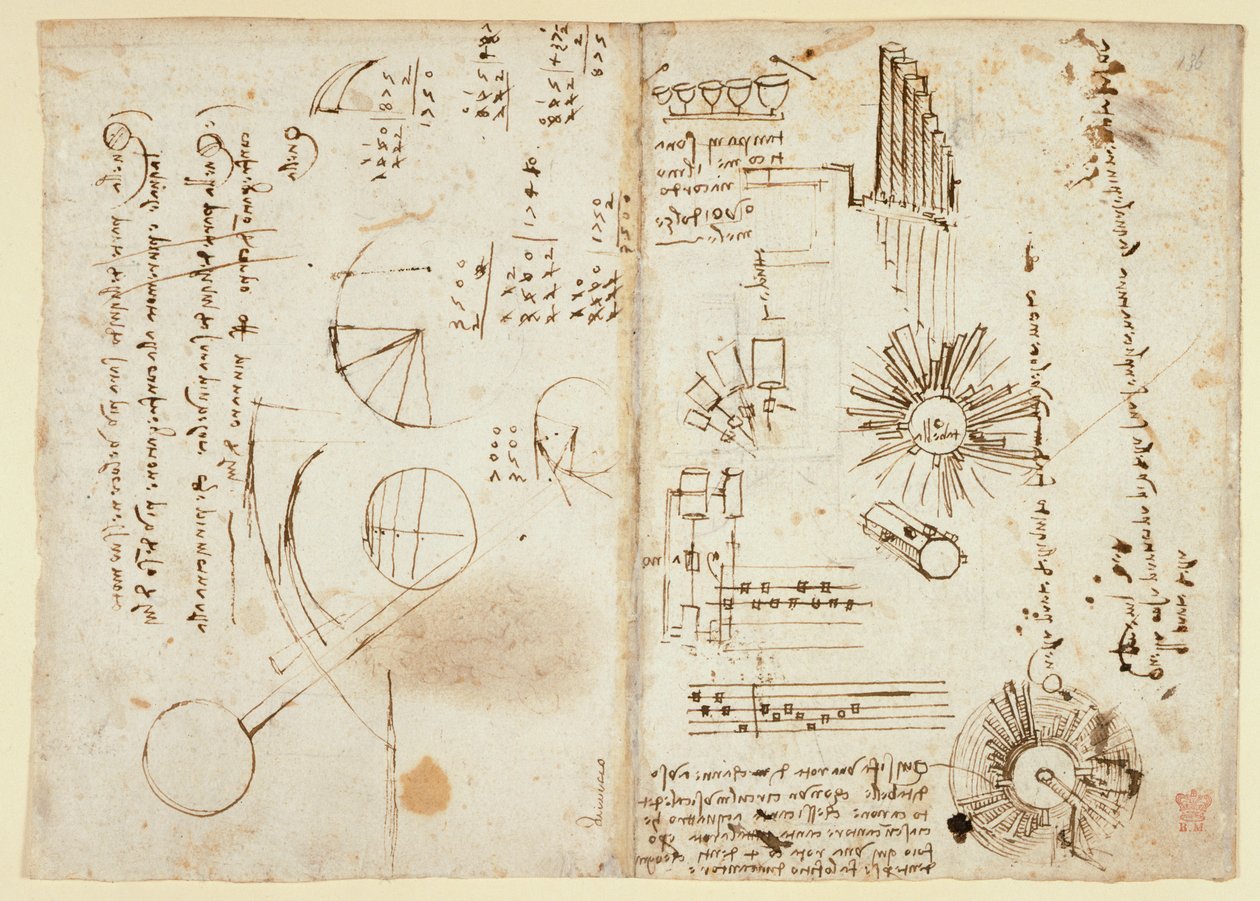 Arundel 263 f.137v, f.136 Notas e diagramas aproximados (lado a lado); cálculos matemáticos (side-on), do 
