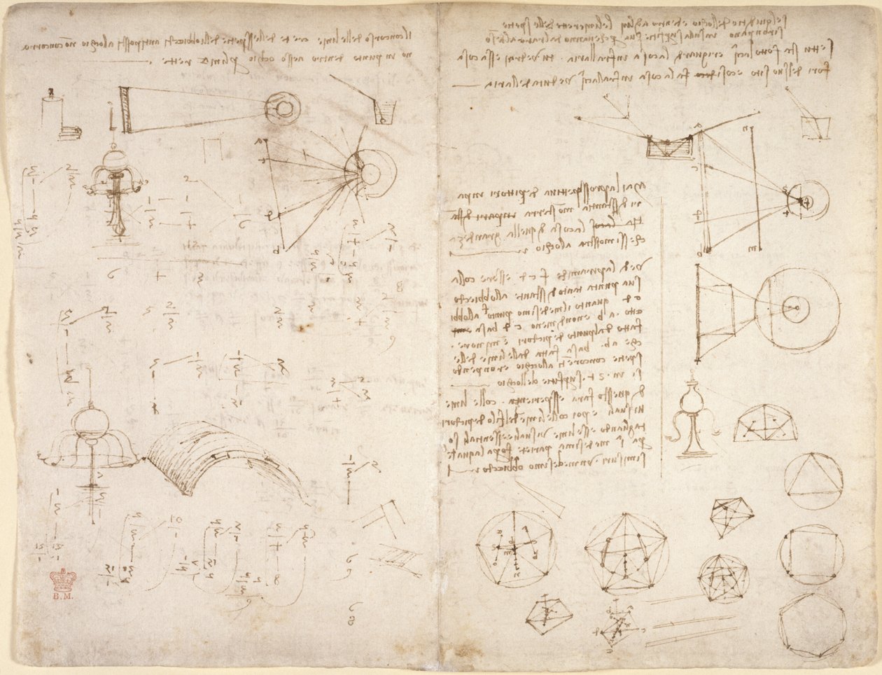 Arundel 263, f.221v, f.220 Notas, diagramas e esboços do 