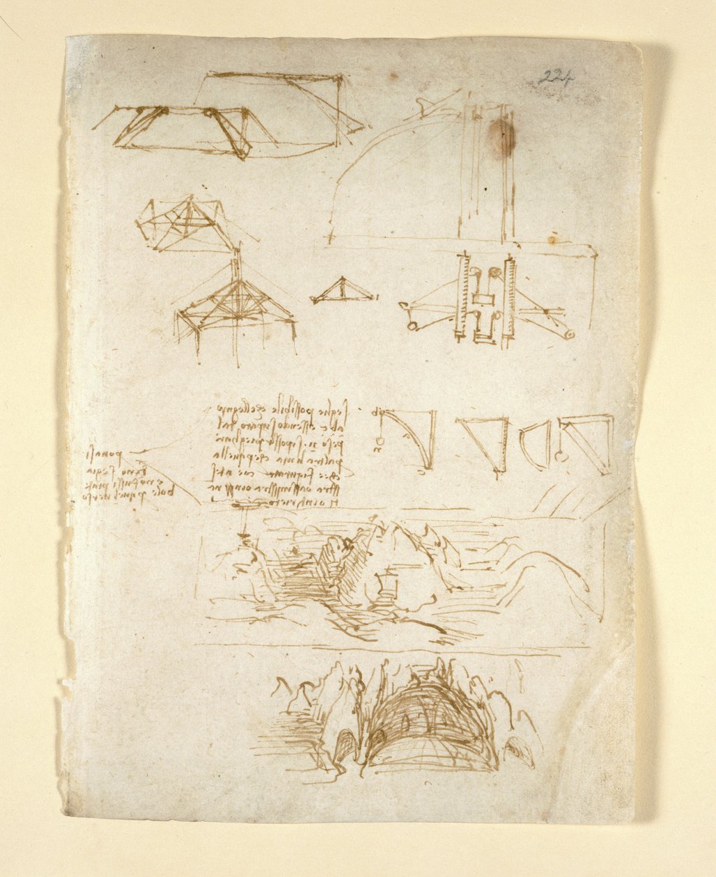 Arundel 263, f.224 Notas e diagramas; esboços de montanhas e uma caverna, do "Codex Arundel" (caneta e tinta sobre papel) de Leonardo da Vinci