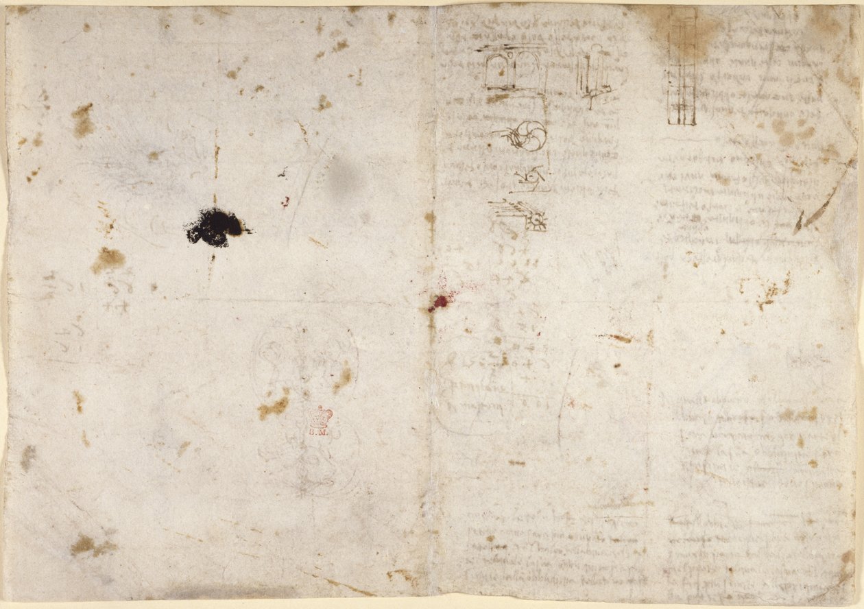 Arundel 263, f.225v, f.230 Desenhos sobre os poderes e forças mecânicos, percussão, gravidade, movimento, óptica e astronomia, com várias propostas aritméticas e geométricas (caneta e tinta sobre papel) de Leonardo da Vinci