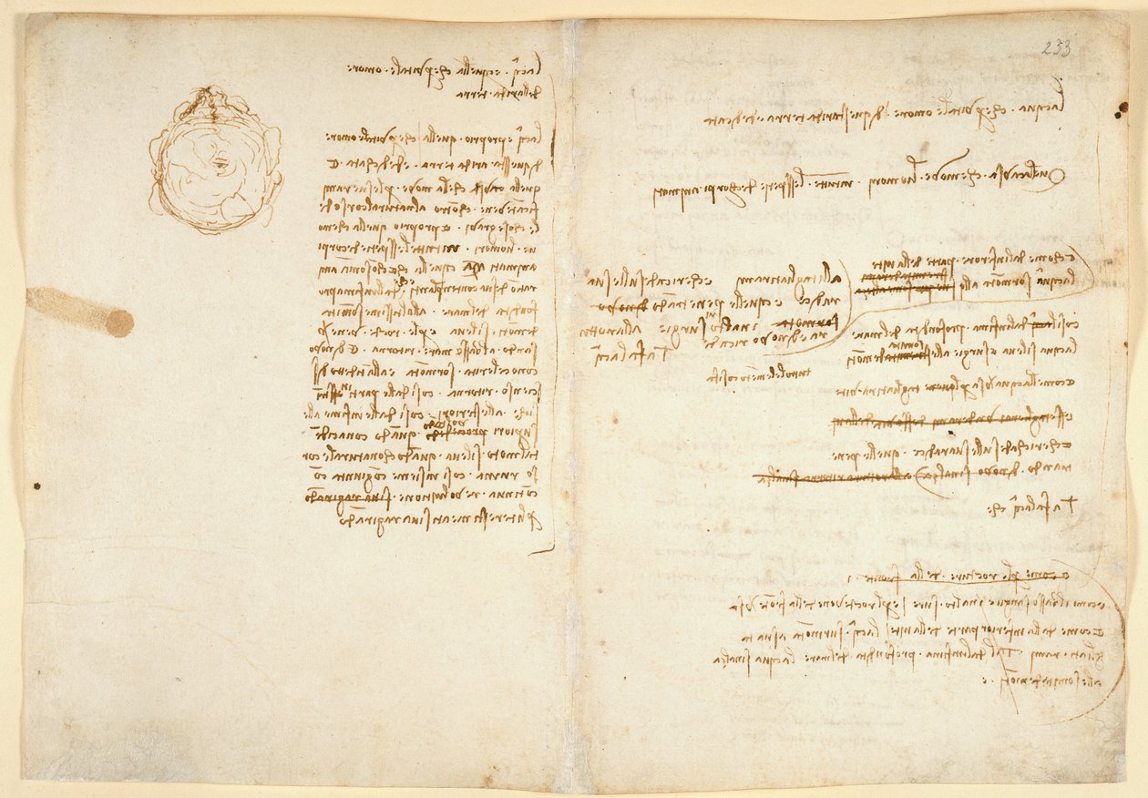 Arundel 263 f.236v, f.233 Notas sobre a água; esboço que ilustra o globo terrestre, do "Codex Arundel" (caneta e tinta sobre papel) de Leonardo da Vinci