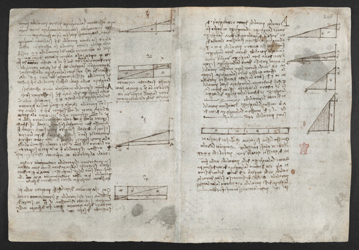 Arundel 263, f.246v Desenhos sobre os poderes e forças mecânicos, percussão, gravidade, movimento, óptica e astronomia, com várias propostas aritméticas e geométricas, ilustração do "Livro de observações" de Leonardo (tinta sobre papel) de Leonardo da Vinci