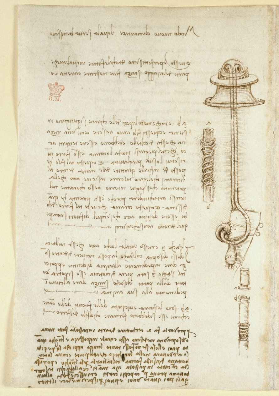 Arundel 263, f.24v Notas e esboços ilustrando o estudo de Leonardo de aparelhos de respiração para mergulhador (1508), do "Codex Arundel" (caneta e tinta sobre papel) de Leonardo da Vinci