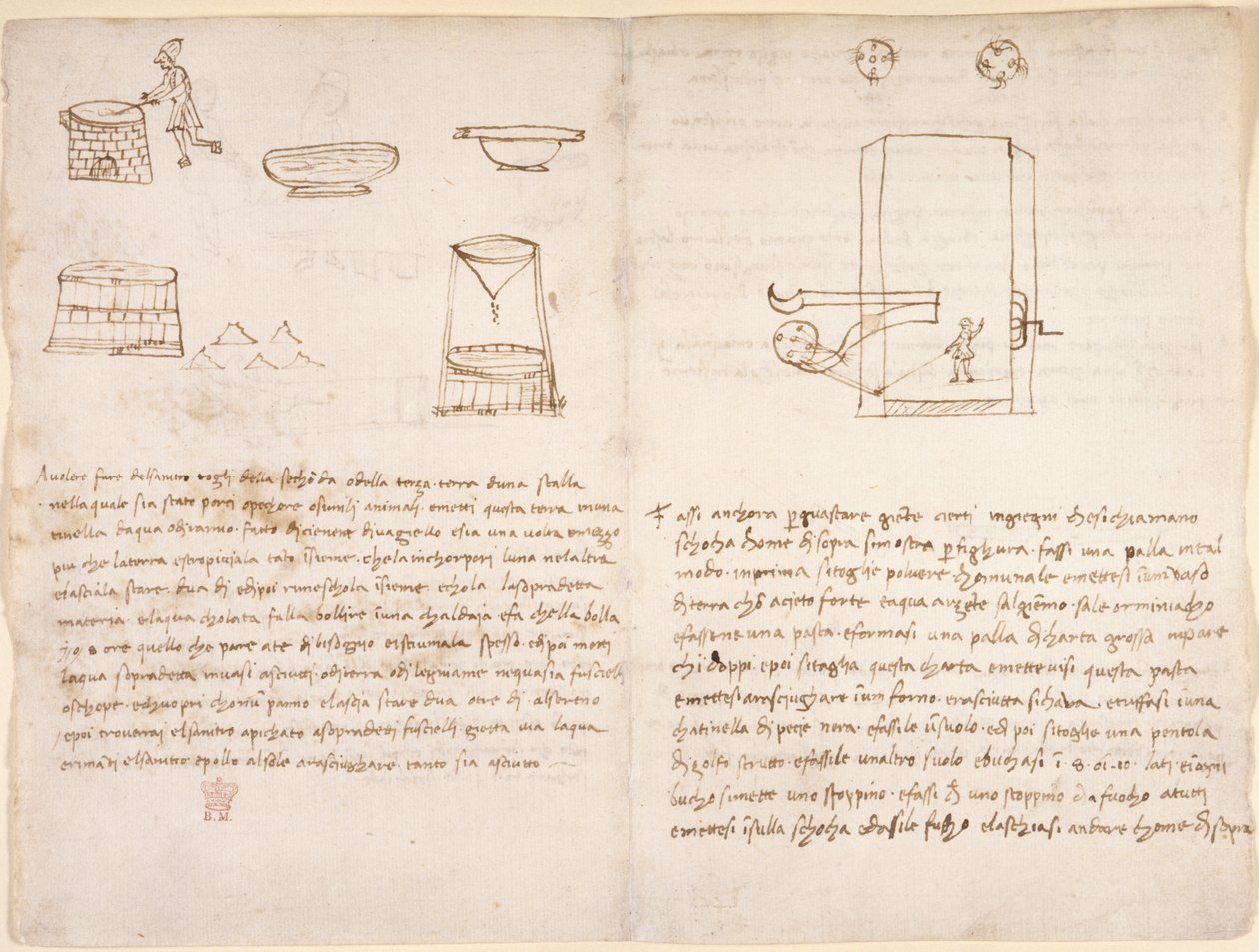 Arundel 263, f.259v, f.260 Notas e esboços grosseiros sobre o processo de produção de salitre para preparar pólvora (não na mão de Leonardo) (caneta e tinta sobre papel) de Leonardo da Vinci