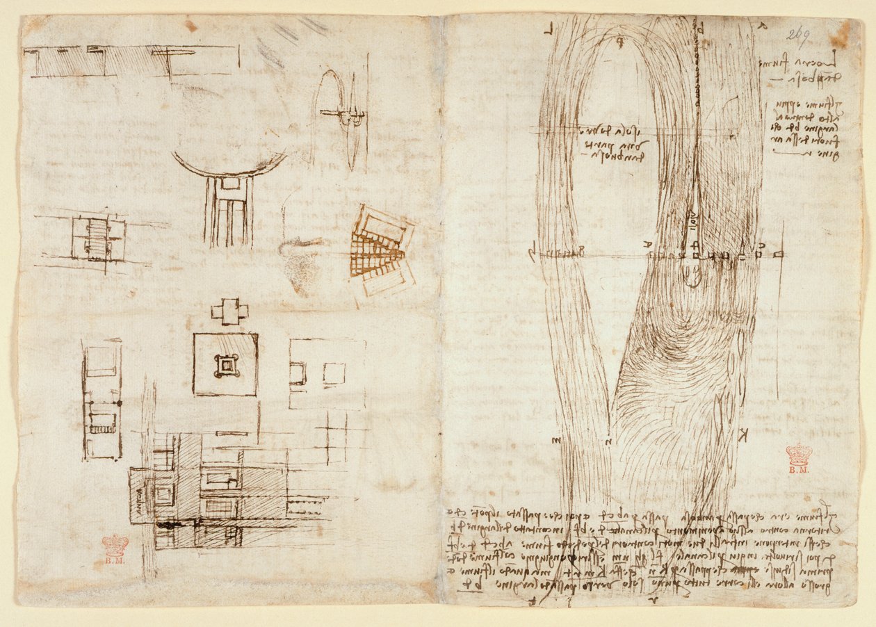 Arundel 263, f.264v Desenhos sobre os poderes e forças mecânicos, percussão, gravidade, movimento, óptica e astronomia, com várias proposições aritméticas e geométricas. de Leonardo da Vinci