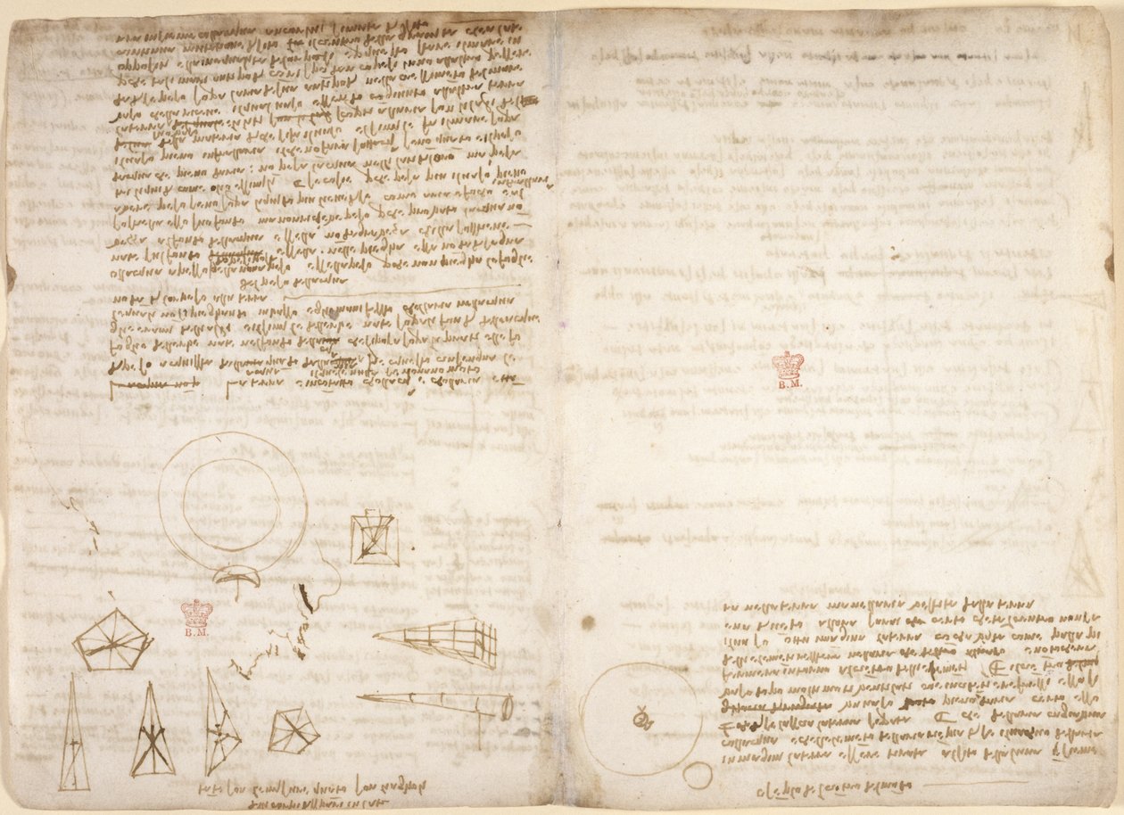 Arundel 263, f.266v, f.267 Notas sobre cosmologia (de cabeça para baixo); diagramas que ilustram as observações de Leonardo sobre o centro de gravidade, de "Codex Arundel", c.1506-8 (caneta e tinta sobre papel) de Leonardo da Vinci