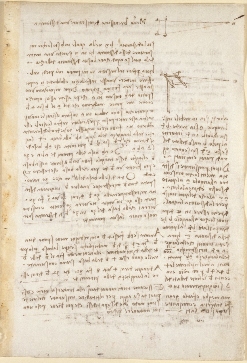 Arundel 263, f.26 Notas e diagramas sobre um método abreviado para medir distâncias, do "Codex Arundel" (caneta e tinta sobre papel) de Leonardo da Vinci