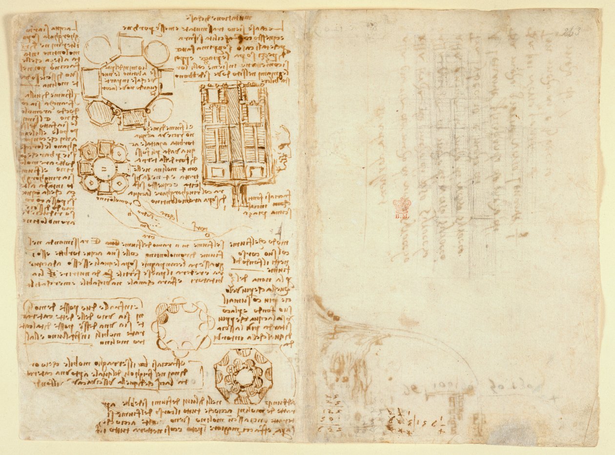 Arundel 263 f.270v, f.263, Desenhos de Leonardo Da Vinici sobre as potências e forças mecânicas, percussão, gravidade, movimento, óptica e astronomia, com várias proposições aritméticas e geométricas (caneta e tinta sobre papel) de Leonardo da Vinci