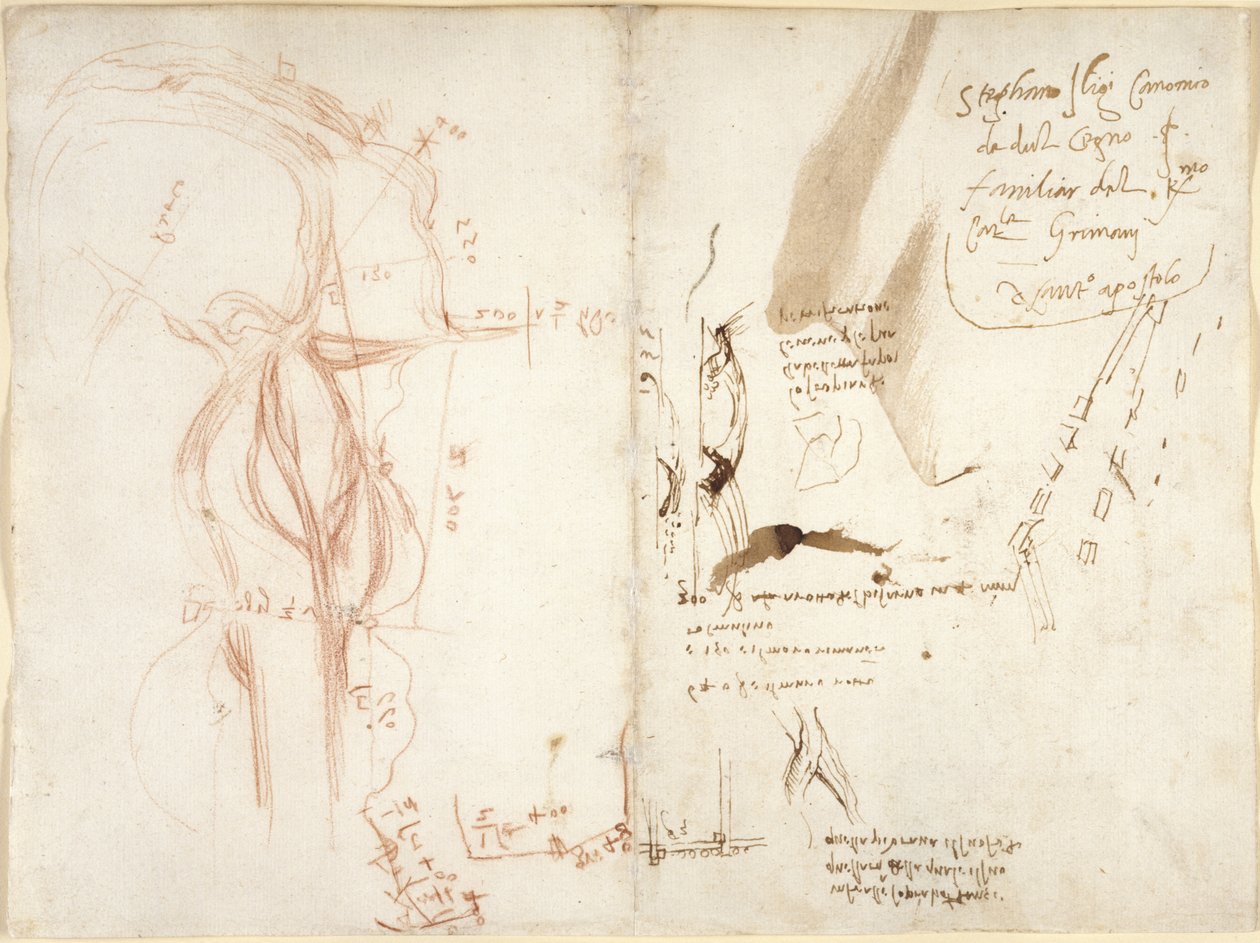Arundel 263, f.275v, f.274 Esboço planimétrico do rio Arno; notas sobre distâncias e direcções de Leonardo da Vinci
