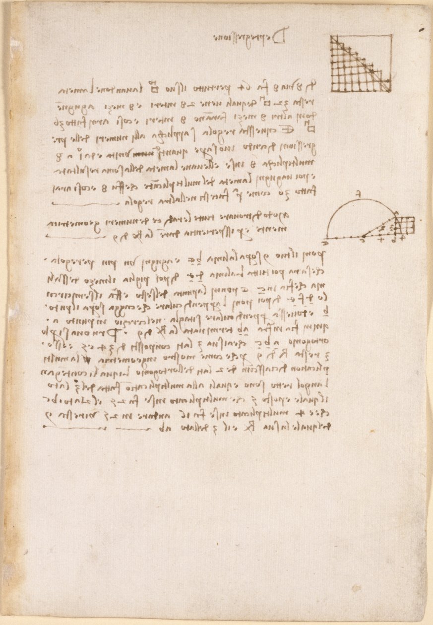 Arundel 263, f.27, Notas e diagramas sobre geometria, intitulado "De progressione", do "Codex Arundel" (caneta e tinta sobre papel) de Leonardo da Vinci