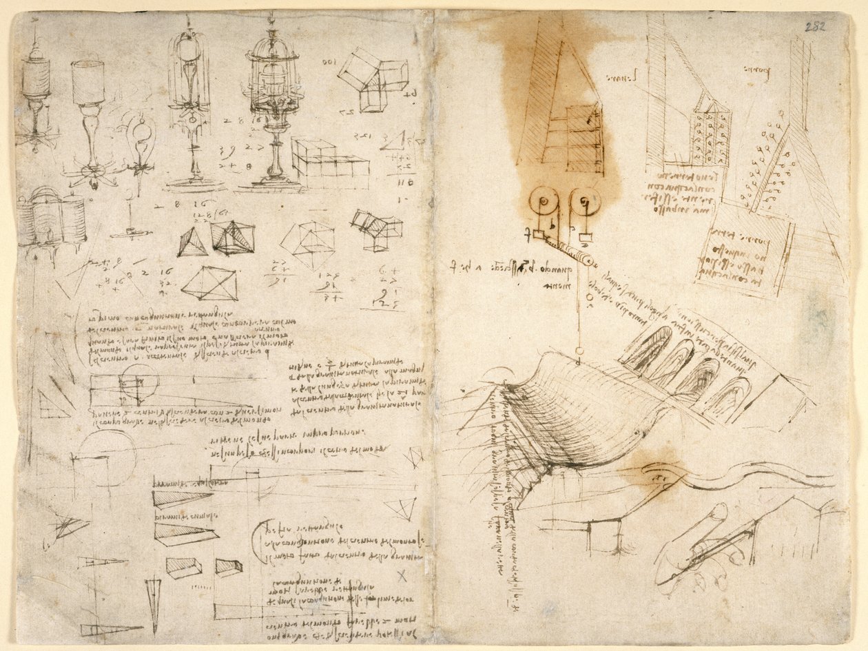 Arundel 263, f.283v, f.282 Esboços de lâmpadas articuladas; notas sobre mecânica; cálculos matemáticos; esboços geométricos (caneta e tinta sobre papel) de Leonardo da Vinci