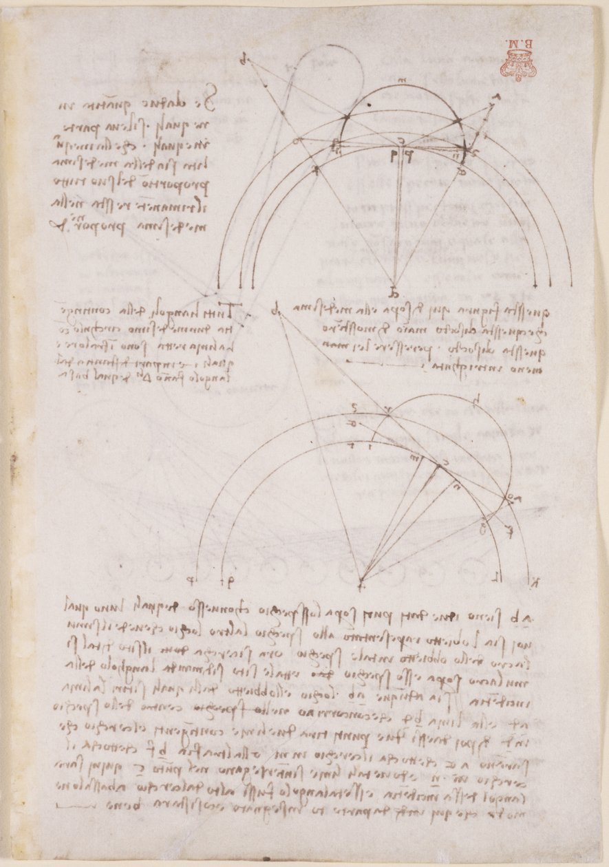 Arundel 263, f.28 Notas e diagramas geométricos sobre óptica, referentes ao problema de Alhazen de Leonardo da Vinci