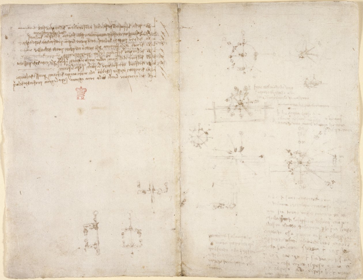 Arundel 263, f.35v, f.34 Desenhos sobre os poderes e forças mecânicos, percussão, gravidade, movimento, óptica e astronomia, com várias proposições aritméticas e geométricas. de Leonardo da Vinci