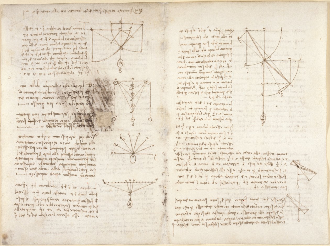 Arundel 263, f.3v, f.12 Notas e diagramas sobre mecânica de Leonardo da Vinci