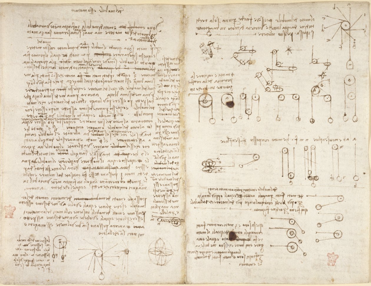 Arundel 263, f.43v, f.42, Notas e diagramas sobre mecânica, intitulado 