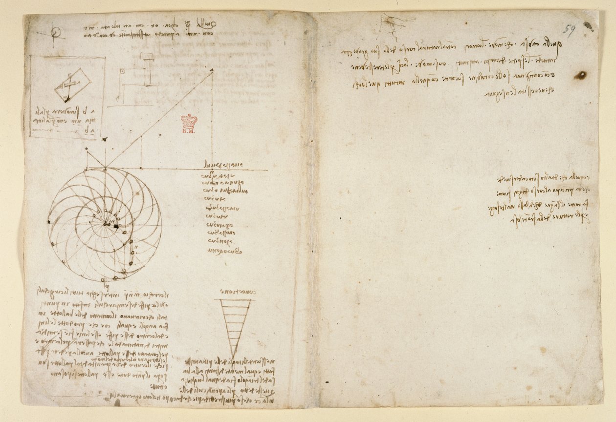 Arundel 263, f.44v, f.59 Um esboço de um olho e um nariz de um rosto em perfil; notas sobre água, do "Codex Arundel" (caneta e tinta sobre papel) de Leonardo da Vinci