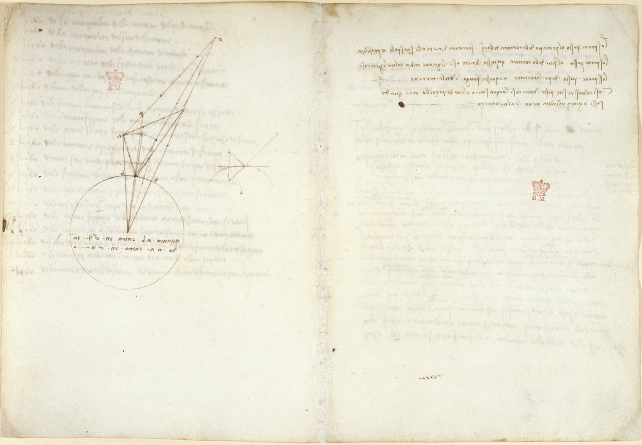 Arundel 263 f.45v, f.58 Diagramas sobre óptica com uma nota explicativa sobre o problema de Alhazen, do "Codex Arundel" (caneta e tinta sobre papel) de Leonardo da Vinci
