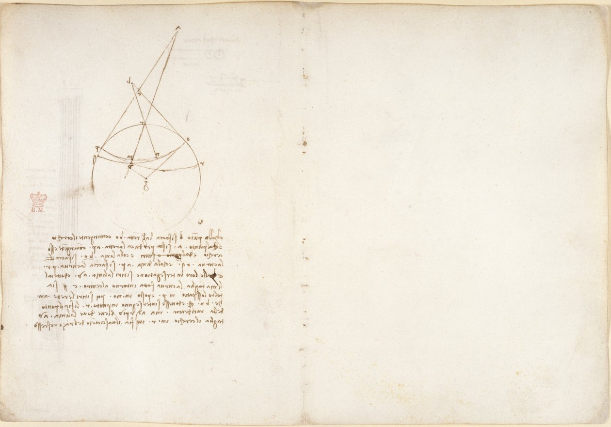 Arundel 263, f.48v, 55, Notas e diagrama sobre óptica, relativo ao problema de Alhazen, do "Codex Arundel" (caneta e tinta sobre papel) de Leonardo da Vinci