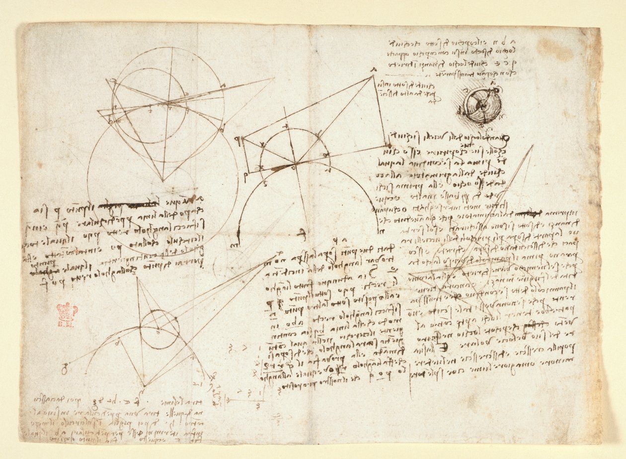 Arundel 263, f.64v O lado verso de uma única folha grande, anteriormente atada ao longo da margem direita e dobrada no caderno. Notas e diagramas sobre a óptica, relativos ao problema de Alhazen; esboço esquemático de um globo ocular acompanhado de notas r de Leonardo da Vinci