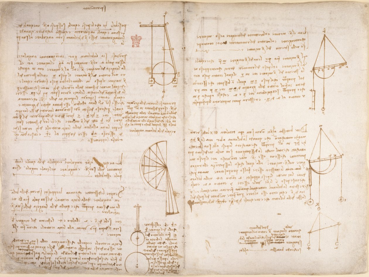 Arundel 263, f.67v, f.66 Notas e diagramas sobre mecânica, do 