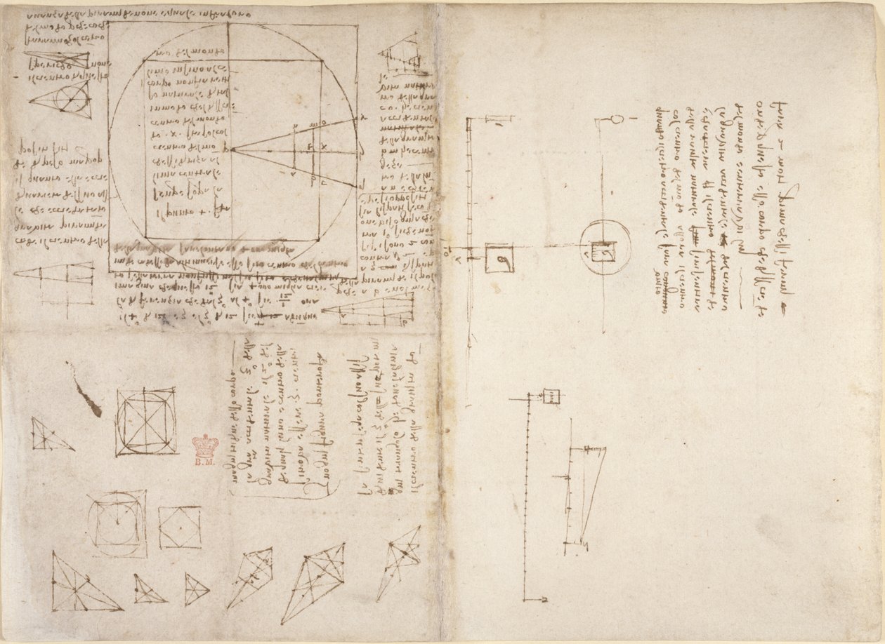 Arundel 263, f.72v, f.69 Notas e diagramas sobre mecânica e centro de gravidade, de 