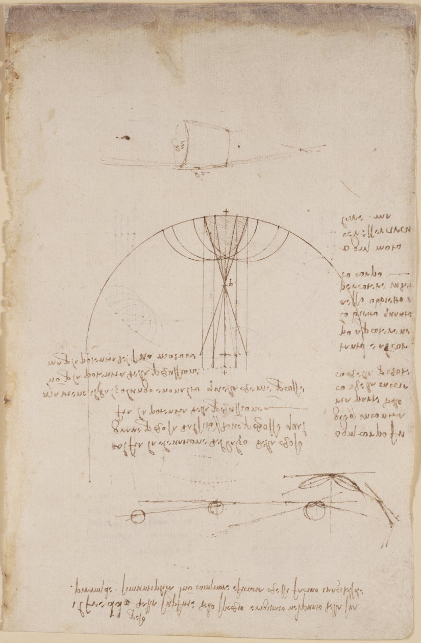 Arundel 263, f.85 Diagramas sobre óptica, relativos à cáustica da reflexão; nota e esboço sobre mecânica, relativos ao poder da percussão e com referências ao princípio aristotélico 